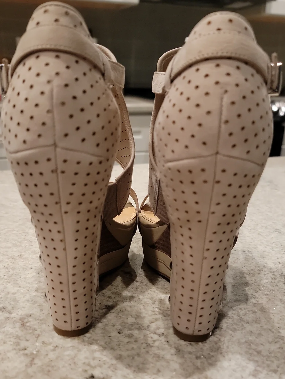 Gianni Bini Nude-Beige Perforated Wedge Sandals with Ankle Strap